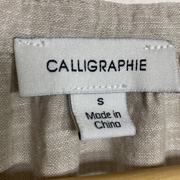 CALLIGRAPHIES Linen Blend Puff Sleeve Natural Top Blouse Taupe - Picture 4 of 6